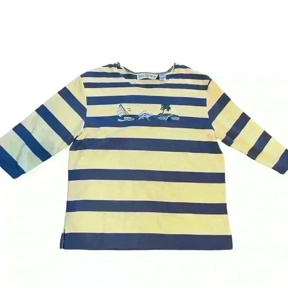 Vintage Needle & Threads Women’s Top Size M Yellow Blue Embroidered Nautical - Picture 2 of 9